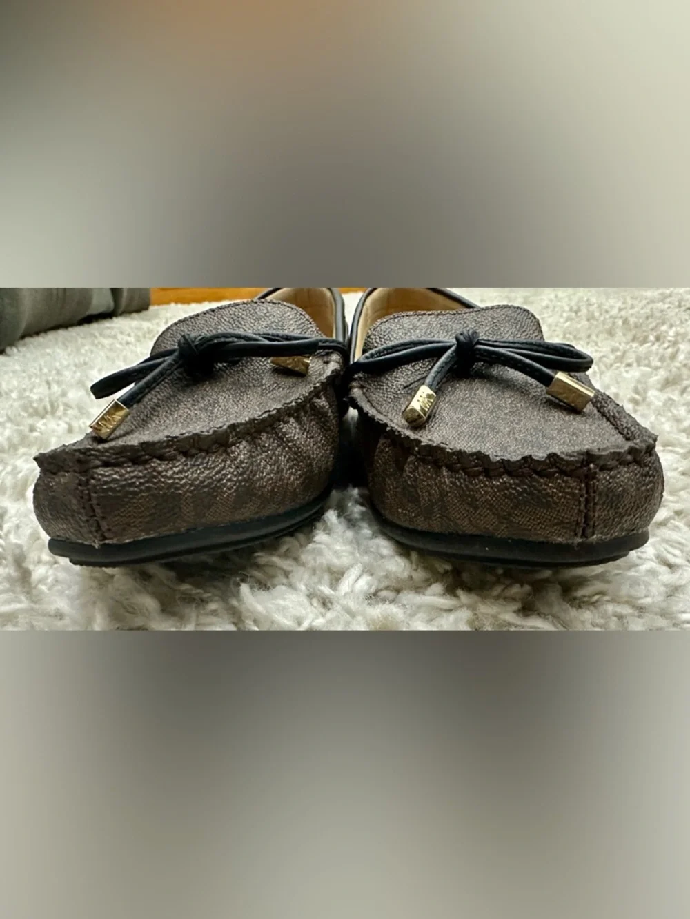 Michael Kors Sutton Brown Monogram Logo Moccasin Loafers with Black Trim 8.5